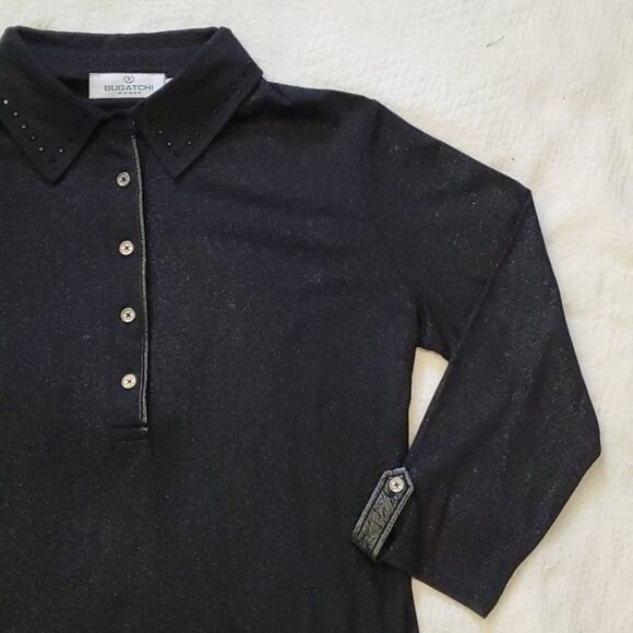Bugatchi Pullover Size Large Black Top Partial Button Rhinestone Accents Collar - Picture 2 of 7
